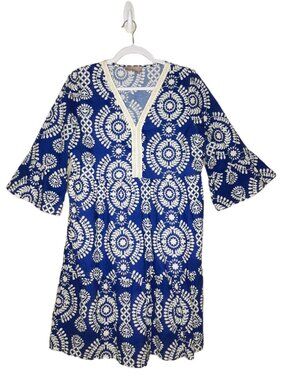 Saiph Lab Boho Floral Dress 3/4 Bell Sleeve M Cotton Santorini